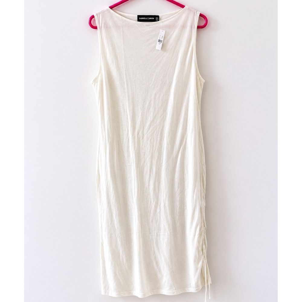 Gabrielle Union Collection Cream Knit Midi Dress Sleeveless Ruched Drawstring